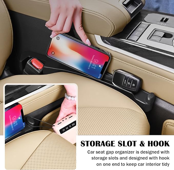 Junecarp 2PCS Car Seat Gap Filler Organizer with Storage Slot & Hook,Car Seat Gap Filler Strip for Filling Gaps,Universal & Double-Sided Use Cars Seats Gaps Plug Cars Interior Accessories
