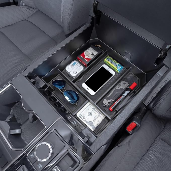 JDMCAR Center Console Organizer Compatible with 2022-2025 2026 Toyota Tundra Accessories and 2023-2026 toyota sequoia Armrest Secondary Storage Box ABS Material with Non-Slip Mats (Black Trim)