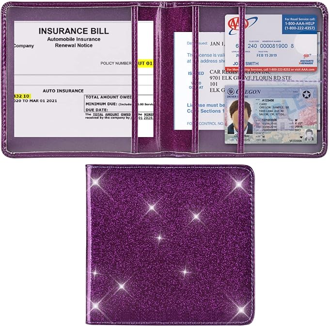 Cacturism Car Registration and Insurance Holder, Vehicle Glove Box Car Organizer Men Women Wallet Accessories Case for Cards, Essential Document, Driver License, Bling Purple