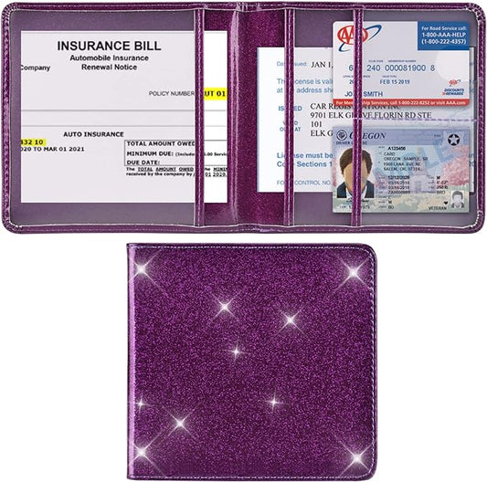 Cacturism Car Registration and Insurance Holder, Vehicle Glove Box Car Organizer Men Women Wallet Accessories Case for Cards, Essential Document, Driver License, Bling Purple