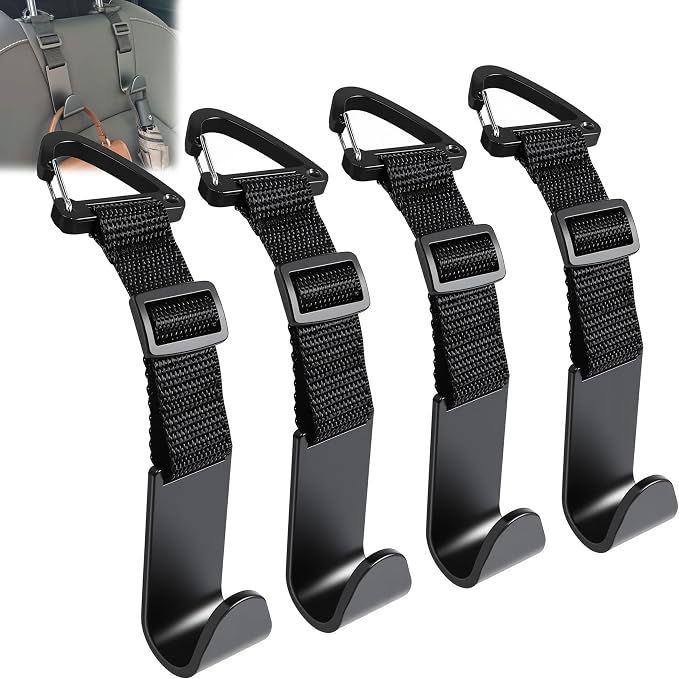 Amooca Headrest Hooks for Car Adjustable 4 Pack Vehicle Seat Back Organizer Storage Hanger Holder for Purse Bags Universal Fit with Clip Black