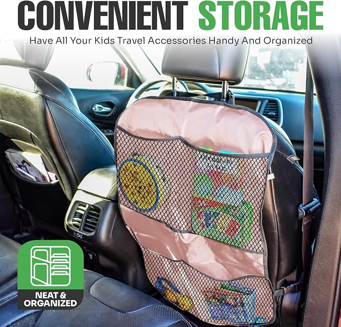 lebogner Back Seat Cover for Kids + 3 Pocket Storage Organizer, 2 Pack X-Large Waterproof Kick Mats, Car Backseat Protector (Beige, Kick Mats + 4 Organizer Pockets)