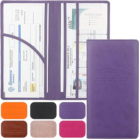 LumiMokki Premium Car Registration & Insurance Card Holder with Magnetic Shut, Vehicle Glove Box Car Organizer - For Documents, Cards, License (Purple)
