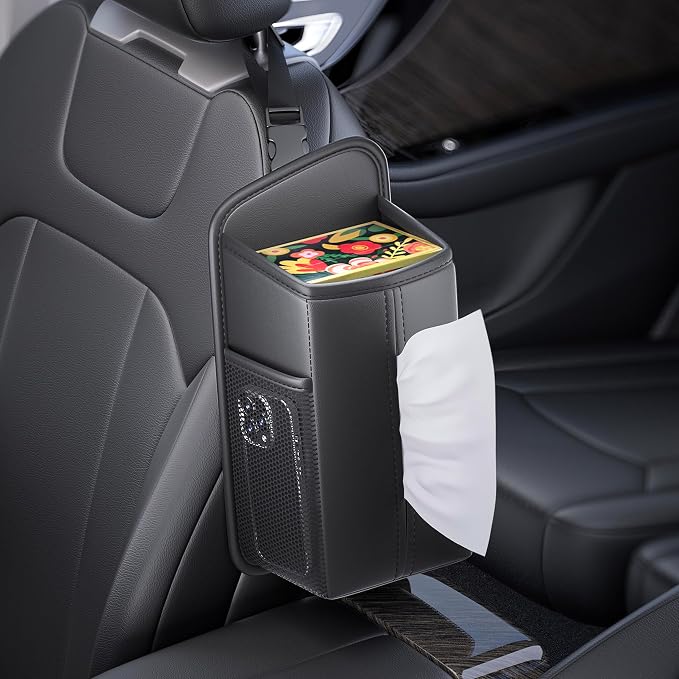 Car Tissue Holder for Front Seat, Headrest Organizer with 2 Side Mesh Pockets for Phones & Cards, L-Square Tissue Box Cover Holds 150 Tissues, Durable PU Leather
