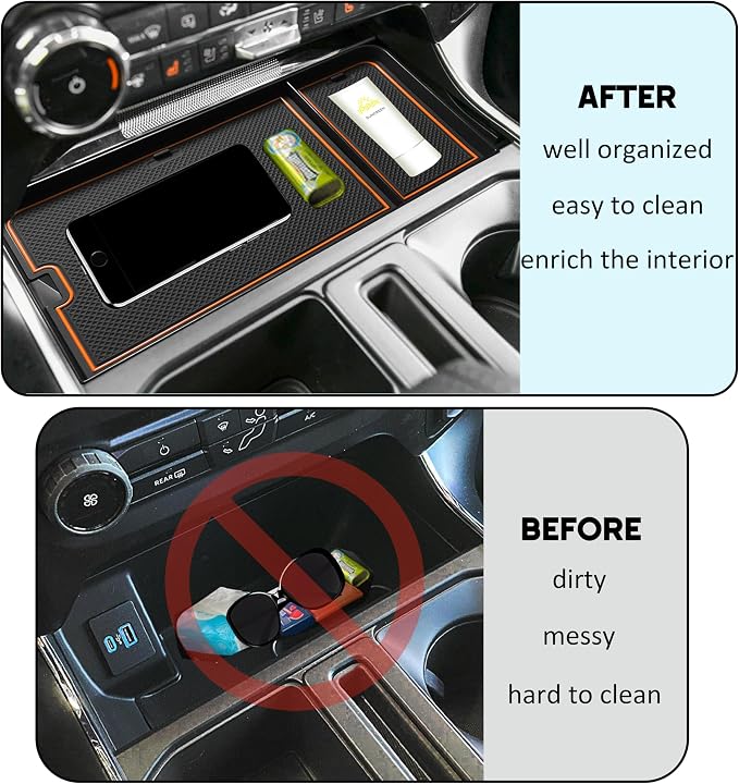 Center Console Organizer Tray for Ford F150 2021-2024/Lightning XLT 2022-2024 Interior Accessories Hidden Insert Storage Box with USB Hole Fit Front Shifter Open Pocket (Orange)