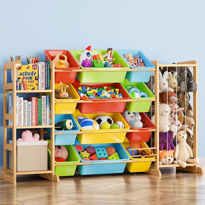 mirolam Toy Storage Organizer with Bookshelf and Stuffed Animal Storage - Playroom Organization with Shelves and 12 Bins - Living Room Box for Lego - Bedroom Decor Essential