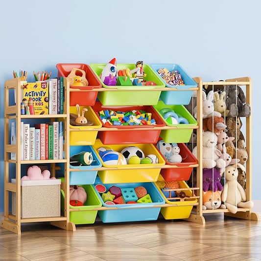 mirolam Toy Storage Organizer with Bookshelf and Stuffed Animal Storage - Playroom Organization with Shelves and 12 Bins - Living Room Box for Lego - Bedroom Decor Essential