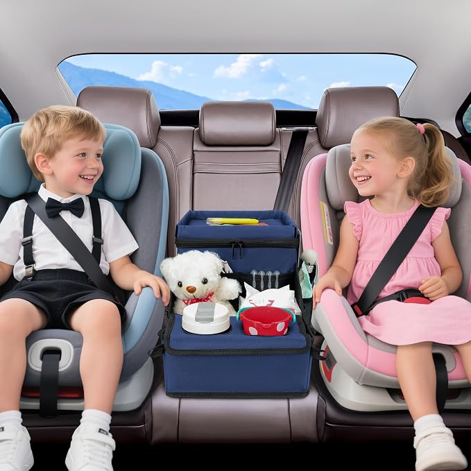 Backseat Organizer for Kids & Adults – Car Seat Cooler Warmer with 2-in-1 Writing Tray, Cup Holders & 11 Storage Compartments | Road Trip Car Organizer for Front & Back Seat (Black) (Navy Blue)