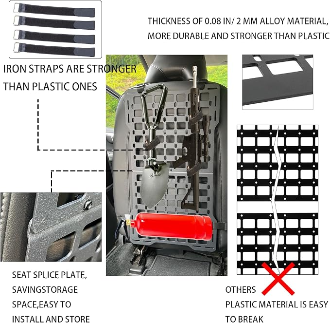 Metal Rigid Molle Panels for Vehicles - Alloy Truck Mount Rack Tactical Seat Back Organizer - Adjustable, Versatile Panel - Stronger Than Plastic - 4 Loop Fasteners - Eco-Friendly