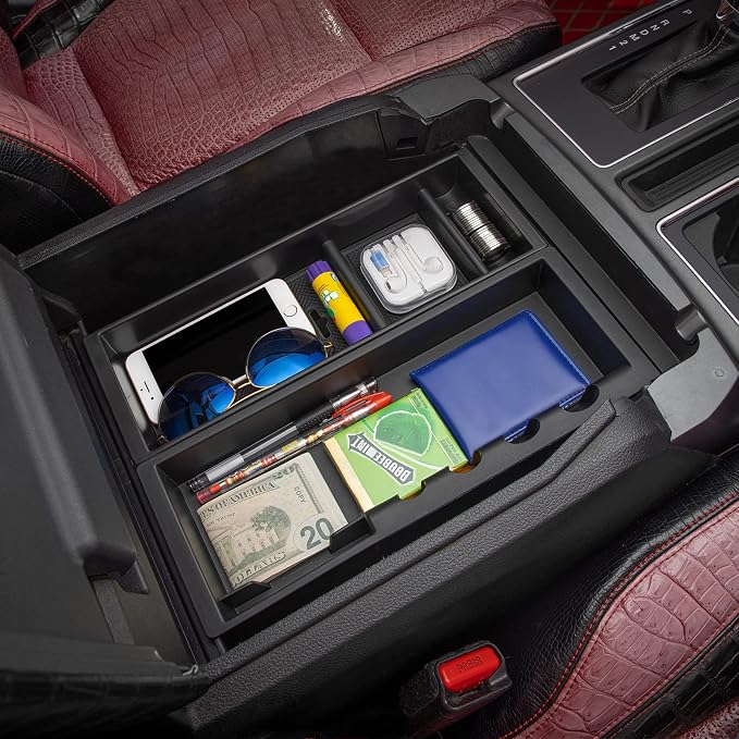 JDMCAR Center Console Organizer Compatible with Ford F150 Accessories 2024 2023 2022 2021,Center Console tray for F-150 Interior Accessories, Matte Black -(Full Console w/Bucket Seats ONLY)