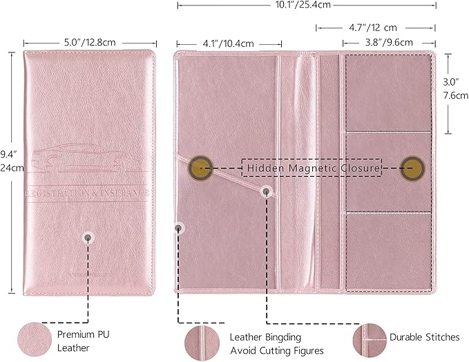 TOURSUIT Car Registration and Insurance Card Holder, Vehicle License Document Glove Box Compartment Organizer, Interior Car Accessories for Women Men (Rose Gold)