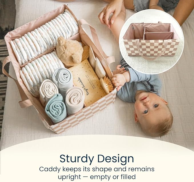 Tiny Twinkle Diaper Caddy Organizer | Foldable Baby Storage Basket with Removable Divider | Waterproof & Mess-Proof Fabric, Portable Nursery Organizer for Newborn Essentials (Beige Checkers)