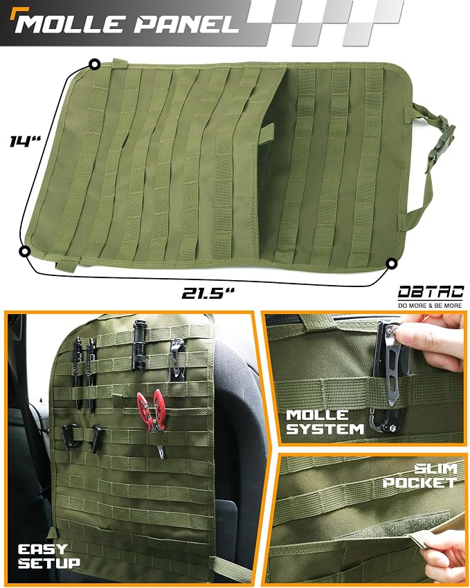 DBTAC Tactical Molle Car Seat Organizer | Vehicle Back Panel with 5X Detachable Pouches, US Flag & Writable Reflective Patch for Cars, Trucks, SUVs, Sedans