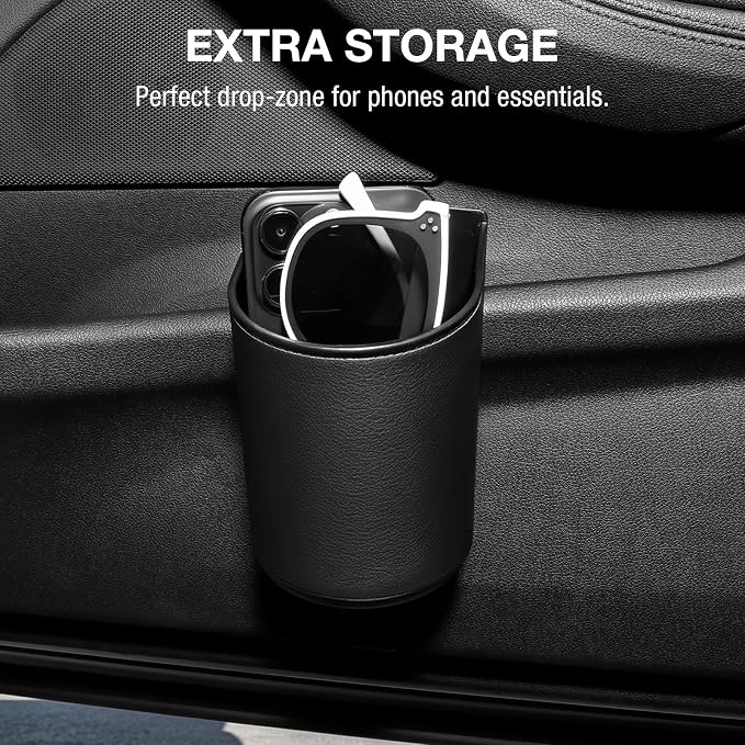 Car Door Cup Holder Sag-Free, Rigid Clip-On Extra Cup Holder for Car Backseat & Headrest, Fits 12-30oz Tumblers, Leather-Wrapped Car Cup Organizer for Sedans & EVs