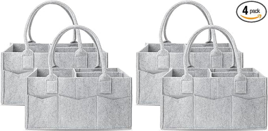 Cute Castle 4 Pack Diaper Caddy Organizer - Portable Baby Caddy Organizer with Handle, Nursery Storage Bin and Car Organizer for Girls, Boys - Baby Gift Basket - Grey
