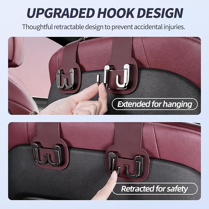 2 Packs Headrest Hooks for Car, Hidden Twinhook Leather & Metal Car Purse Holders, Universal for BMW X5 X3 X1 X7 Accessories, Seat Back Storage Organizer Hanger for Purse Bag Phones(Red)