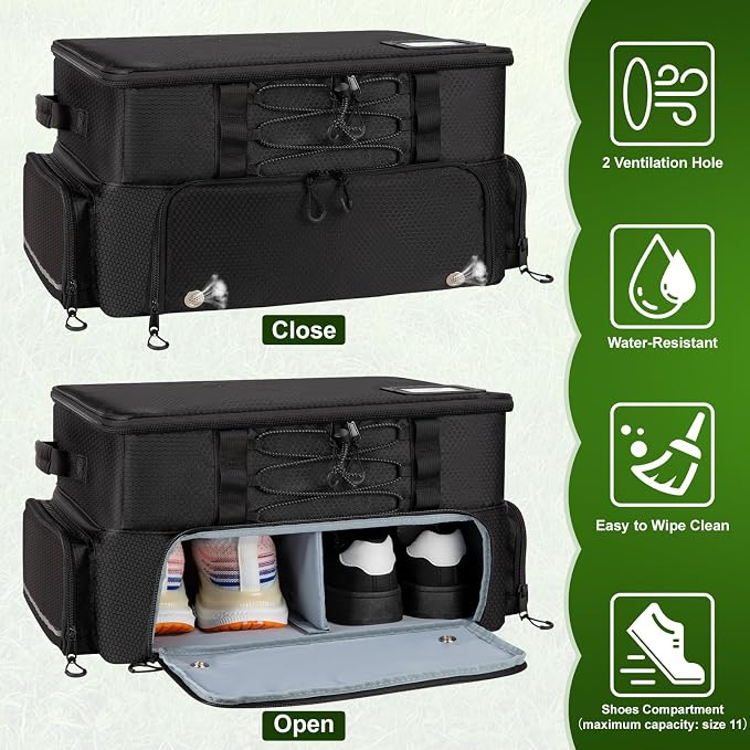 Golf Trunk Organizer, 2 Layer Car Golf Locker with Separate Ventilated Compartment for 2 Shoes, Golf Storage Bag for Golfs Balls, Tees, Glove, Accessories, Black