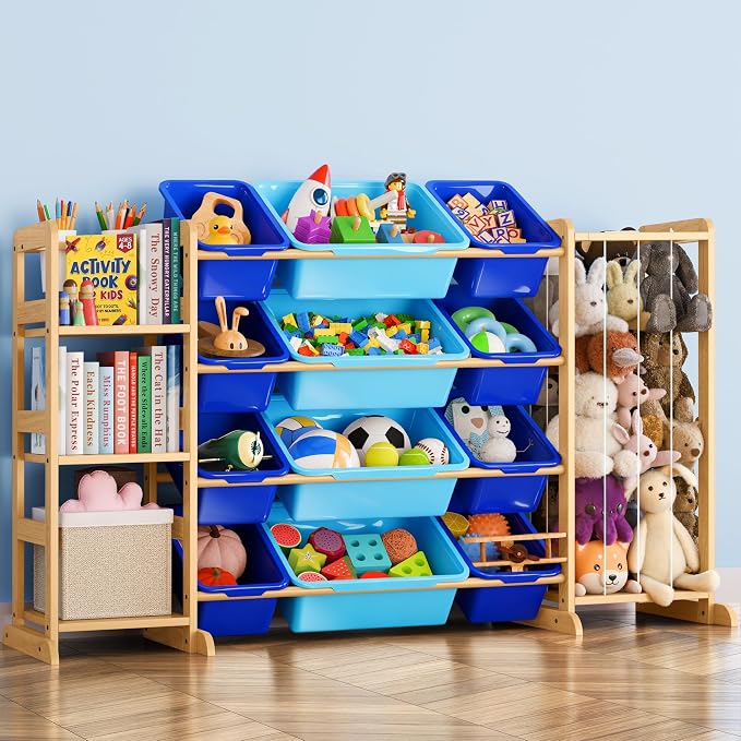 Toy Storage Organizer with Bookshelf and Stuffed Animal Storage - Kids Playroom Organization with Shelves and 12 Toy Bins - Toddler Living Room Toy Box for Lego - Nursery Bedroom Decor Essential