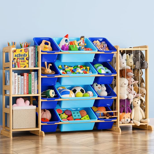 Toy Storage Organizer with Bookshelf and Stuffed Animal Storage - Kids Playroom Organization with Shelves and 12 Toy Bins - Toddler Living Room Toy Box for Lego - Nursery Bedroom Decor Essential