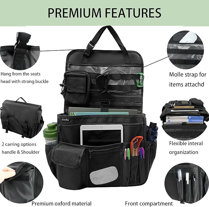 ECWKVN Car Front Seat Organizer for Law Enforcement – Portable Passenger Seat Storage with Laptop & Tablet Holder, Stabilizing Straps, and Car Office Organizer for Trucks, Black
