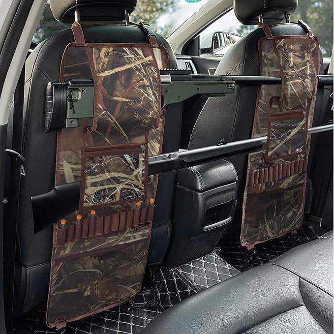 Seat Back Gun Rack, 2 Pack Truck Gun Rack Foldable Car Seat Back Gun Holder Camo Rifle Holder with Storage Pockets, Gun Sling Bag for Hunting Rifles/Shotguns, Fit Most Truck SUV