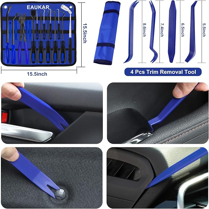 17Pcs Hook and Pick Tool Set with Scraper Auto Clip Removal Plier Fastener Remover Rivets Puller Mechanic Car Trim Removal Tool Kit Gasket Telescoping Magnetic Pickup Hand Automotive Tools(Blue)