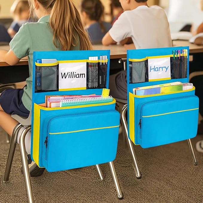 15” x 20” Chair Pocket for Classroom, 1 Piece Seat Sack, Chairback Buddy Organizer Pocket for School, Kindergarten with Name Tag, Mesh Pockets, Binder Pages Storage (Blue)