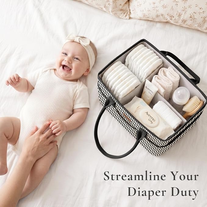 Konssy Quilted Diaper Caddy Organizer, Diaper Caddy Basket with PU Leather Handles, Water-Repellent Nursery Storage Basket, Portable Car Organizer, Registry Search Must Haves (Black Hound)