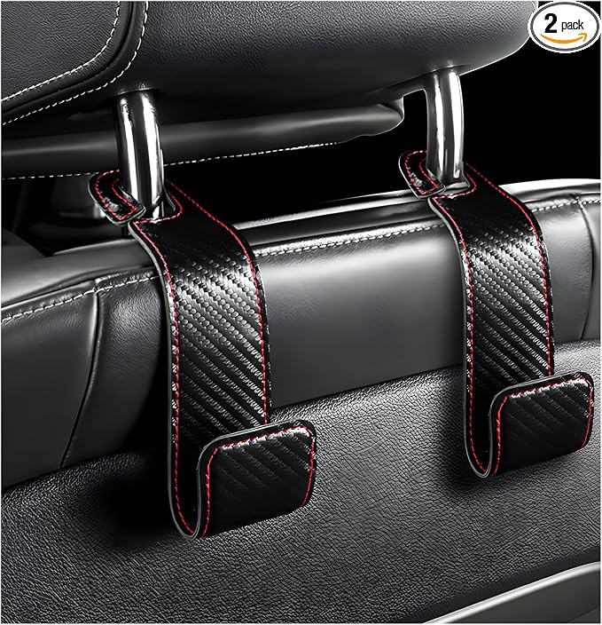 2 PCS Car Seat Headrest Hook, Microfiber Leather Purse Hooks Back Seat Storage Organizer, Auto Interior Headrest Holder for Hanging Bag Coat Grocery, Car Accessories (Carbon Fiber)