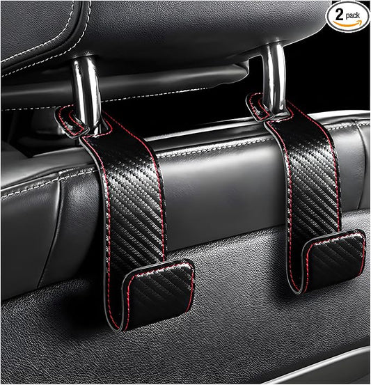 2 PCS Car Seat Headrest Hook, Microfiber Leather Purse Hooks Back Seat Storage Organizer, Auto Interior Headrest Holder for Hanging Bag Coat Grocery, Car Accessories (Carbon Fiber)