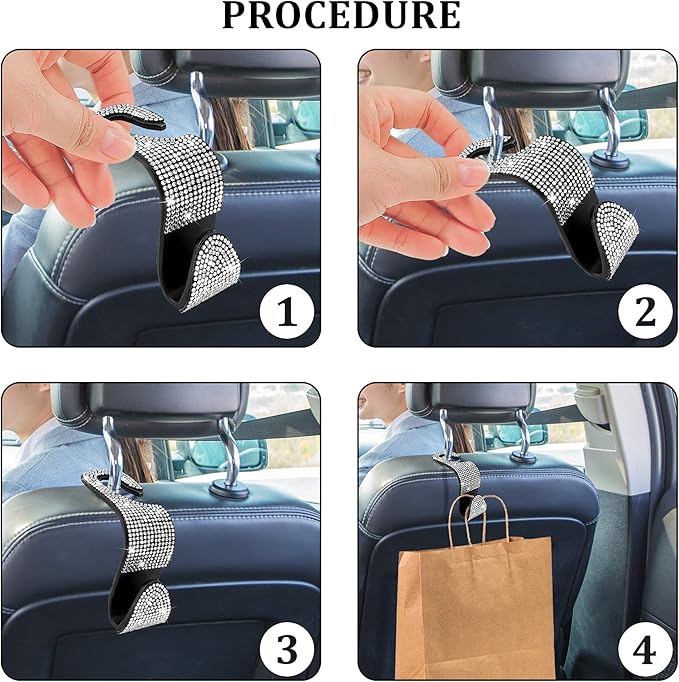 Dermasy® 2 Pack Car Hooks, 2021 New Bling Rhinestones Crystal Hooks Car Decorations Auto Seat Back Organizers Strong and Durable Backseat Hanger Storage Universal for SUV Truck Vehicle (Silver)