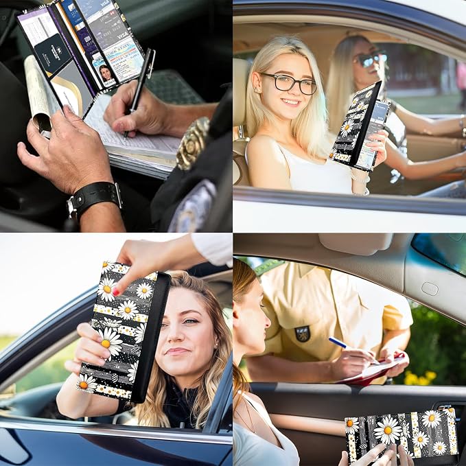 Car Registration and Insurance Holder with Magnetic Closure, Universal Document Organizer for License, Insurance Cards & Glove Box Storage (Daisy)