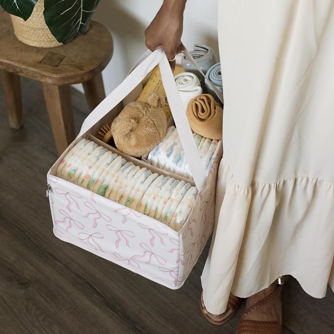 Tiny Twinkle Diaper Caddy Organizer – Foldable Baby Storage Basket with Removable Divider | Waterproof & Mess-Proof Fabric, Portable Nursery Organizer for Newborn Essentials(Bows)