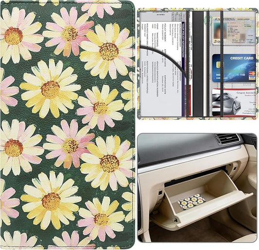 Car Registration and Insurance Holder, Premium Pu Leather Vehicle Glove Box Organizer - for Driver License, Cards & Essential Documents (L-Floral)