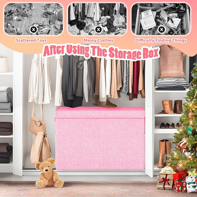 Large Toy Storage Box with Lid Divider, Sturdy Collapsible Toys Organizer Chest Kids Storage Bins Boxes Baskets for Boys, Girls, Nursery, Bedroom, Living Room, Playroom, 25"x13"x16", Pink