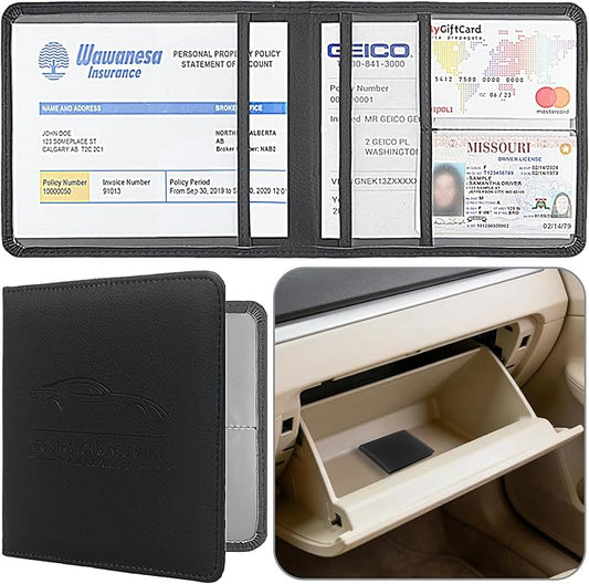 Car Registration and Insurance Holder, Premium Pu Leather Vehicle Glove Box Organizer - for Driver License, Cards & Essential Documents (S-Black)
