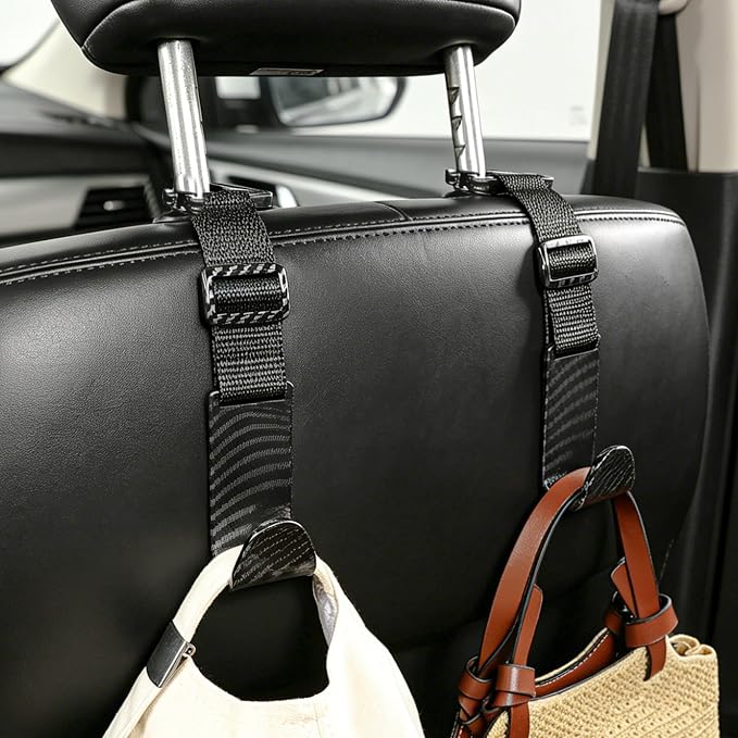 Amooca Headrest Hooks for Car Adjustable 4 Pack Vehicle Seat Back Organizer Storage Hanger Holder for Purse Bags Universal Fit with Clip Black Carbon Fiber
