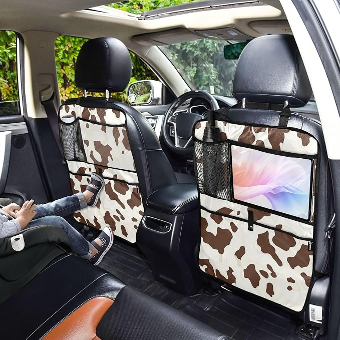 Brown Cow Print 1 Pack Backseat Car Organizer with Storage Pockets Seat Back Organizers for Kids Kick Mats Backseat Protector Automotive