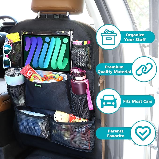 PIDO Backseat Car Organizer, Car Seat Organizer for Kids with Touch Screen Tablet Holder and 8 Pockets, Automotive Seat Back Kick Mat Made with Heavy Duty Fabric, Road Trip Essentials, 2 Pack