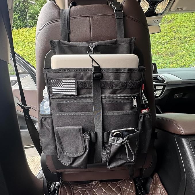 2 Pack Front & Seat back organizer with dedicated tablet and 17 IN laptop storage stabilizers external stabilizing side straps soft adjustable shoulder straps hardened buckle (Large Black)