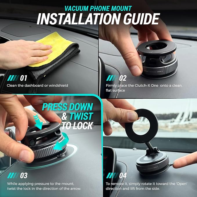 CARMOUNT Clutch-X™ Black – Vacuum Phone Mount Suction Cup Car Phone Holder for iPhone, Window Phone Mount for Travel, 360° Vacuum Magnetic Phone Holder for Car, Magnetic Phone Holder with Suction Cup