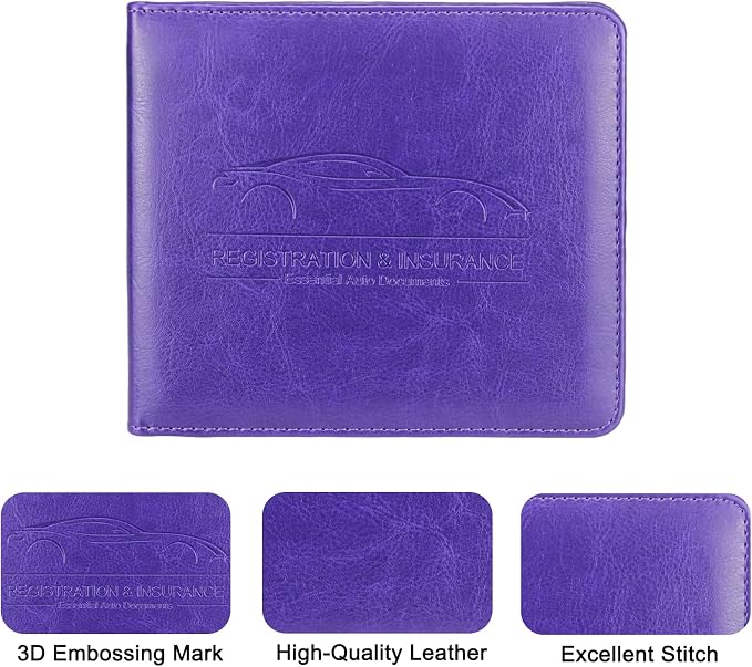 LumiMokki Car Registration and Insurance Holder, Leather Registration and Insurance Card Holder, Vehicle Glove Box Organizer - For Documents, Cards, License (Purple)