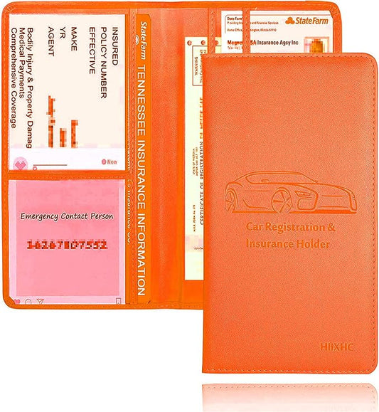 Car Registration and Insurance Card Holder - Leather Vehicle Glove Box Automobile Documents Paperwork Wallet Case Organizer for ID, Driver's License, Key Contact Information Cards