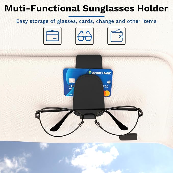 BFXM 2PCS Sunglass Holder for Car, Car Accessories Interior, Leather Clip Magnetic Car Sunglass Holder, Cars Sun Visor Ticket Card Clip, Universal Truck Accessories (Black)