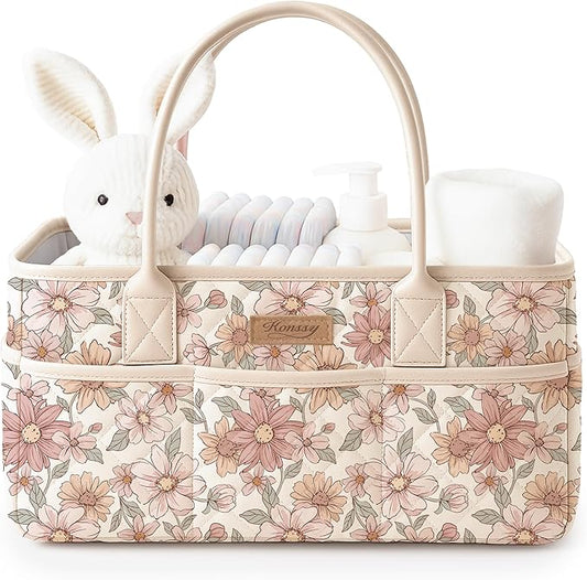 Konssy Floral Quilted Diaper Caddy Organizer, Diaper Caddy Basket with PU Leather Handles, Water-Repellent Nursery Storage Basket, Portable Car Organizer, Registry Search Must Haves (Vintage Petals)