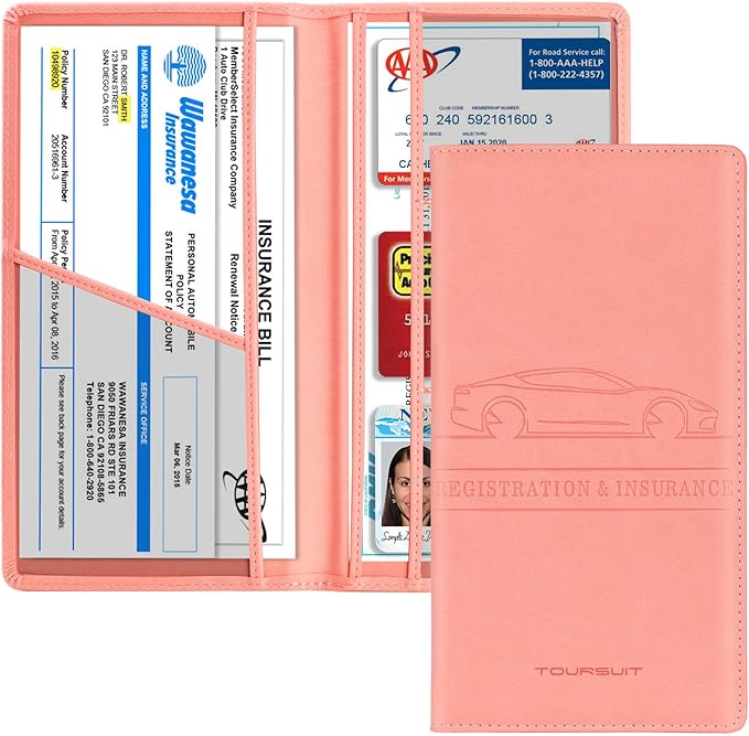 TOURSUIT Car Registration and Insurance Card Holder, Vehicle License Document Glove Box Compartment Organizer, Interior Car Accessories for Women Men (Pink)
