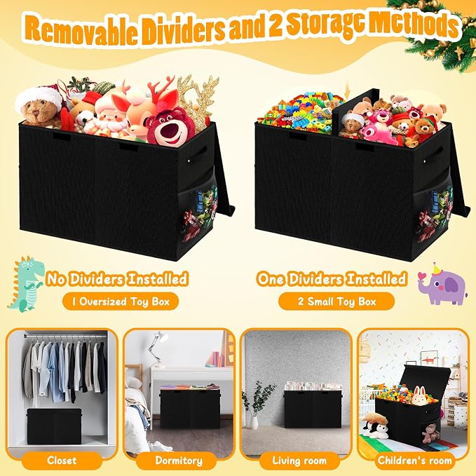 Large Toy Storage Box with Lid Divider, Sturdy Collapsible Toys Organizer Chest Kids Storage Bins Boxes Baskets for Boys, Girls, Nursery, Bedroom, Living Room, Playroom, 25"x13"x16", Black
