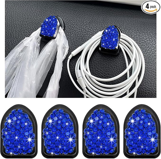Yourkar 4PCS Bling Car Mini Hooks, Multifunctional Adhesive Small Auto Storage Hook for Key Cable Mask, Crystal Rhinestone Dashboard Hanging Hook, Interior Decor Car Accessories (Blue)