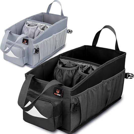 Easy-to-Reach Kids Car Organizer with Tissue Box and Cup Holder for Back Seat, Front Seat, Between Seats, Floor - Tote Car Storage Organization for Toddlers - Kids Road Trip Travel Essentials (Black)