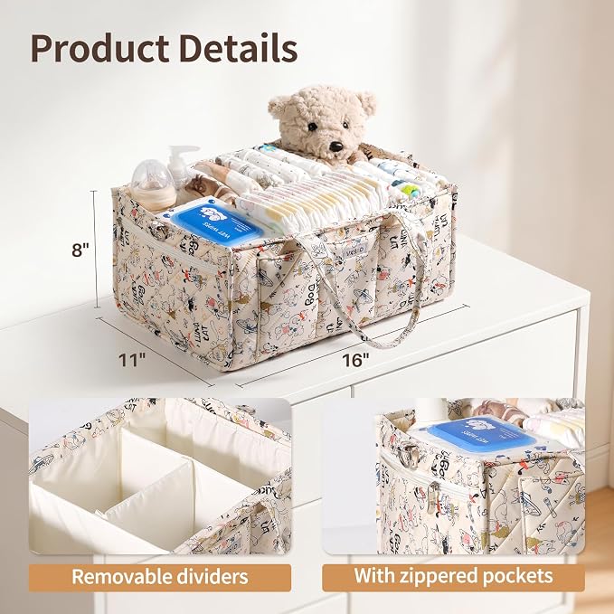 Colorful Cute Cartoon Animal Prints Baby Diaper Caddy Organizer, Large Storage Basket for Newborn Essentials Baby Shower Gifts